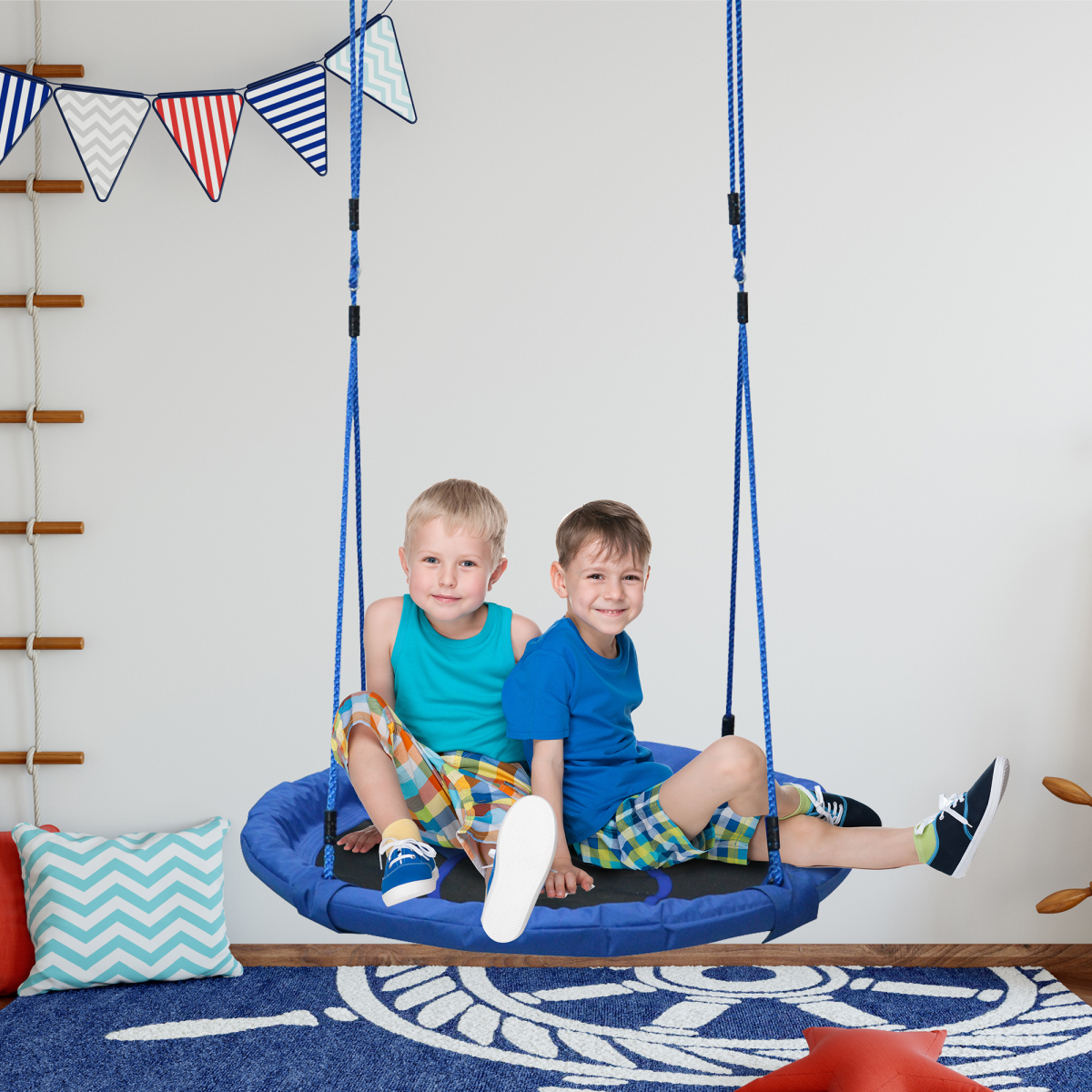 HOMCOM Round Nest Swing for Kids with Steel Frame and Oxford Seat – 100cm Saucer Swing for Playroom