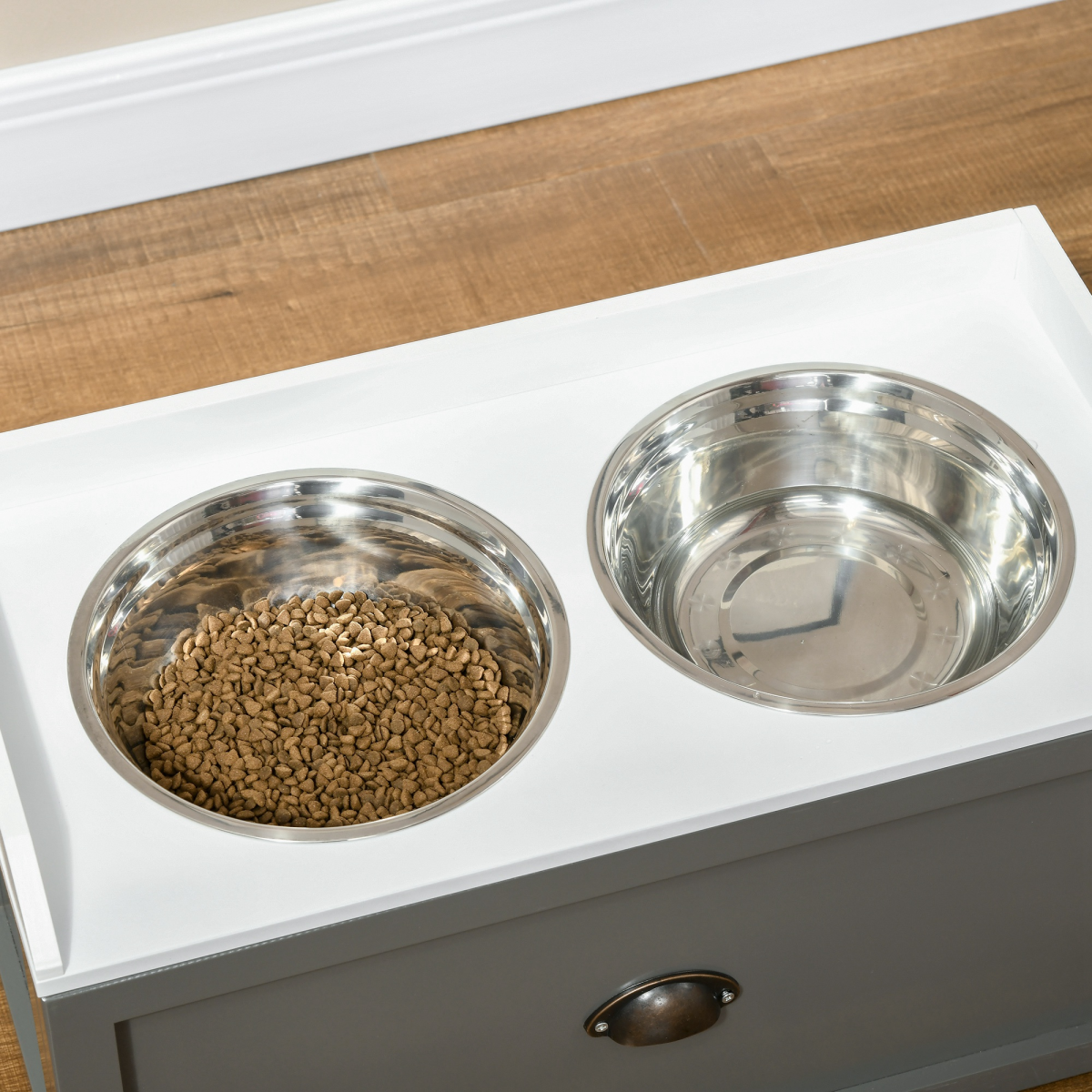 Elevated Dog Feeder with Storage Drawer & 2 Stainless Steel Bowls – Raised Dog Bowl Stand for Large Dogs, Grey