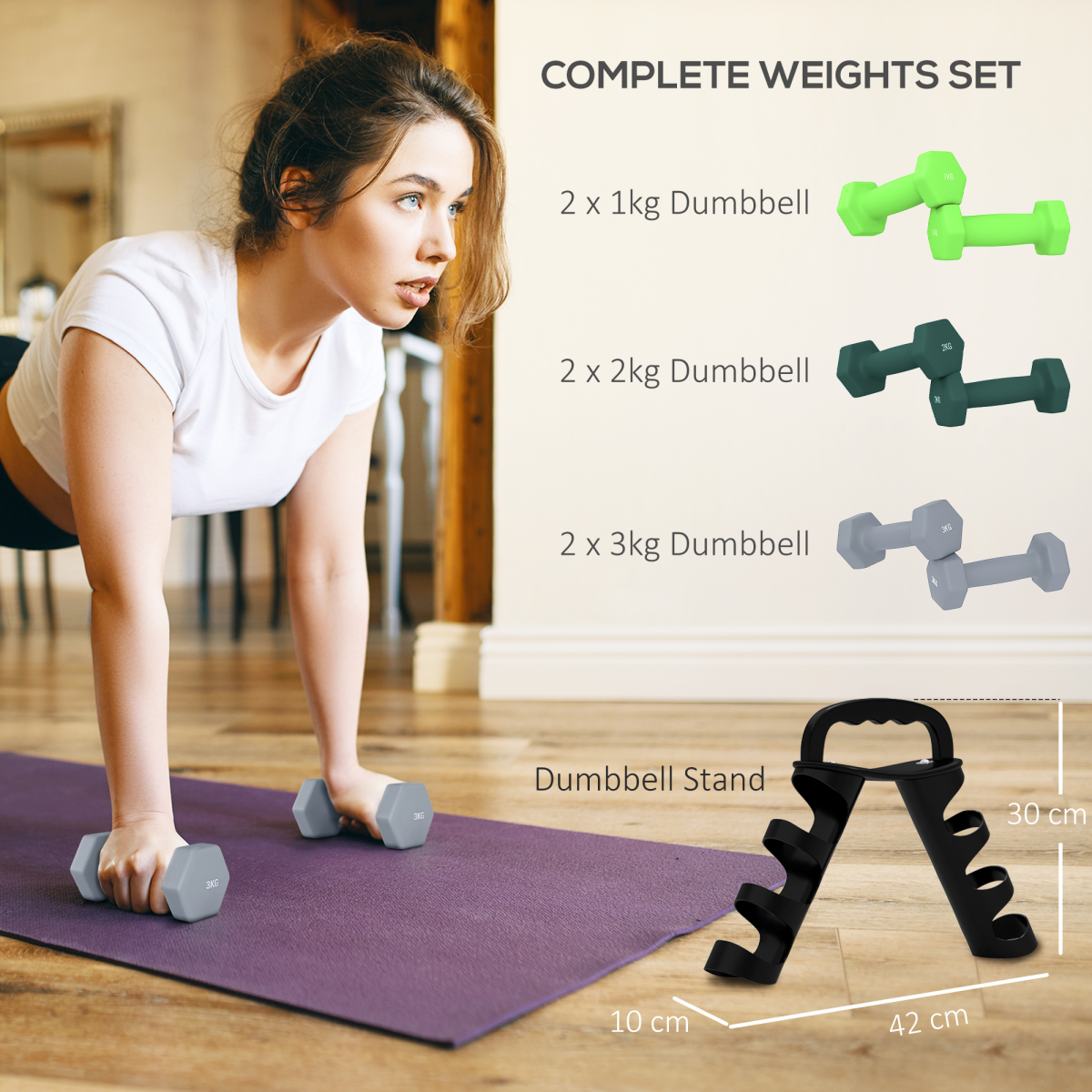 Dumbbell Set with Storage Rack, 12kg Total (2 x 1kg, 2 x 2kg, 2 x 3kg) – Home Gym Hand Weights, Green