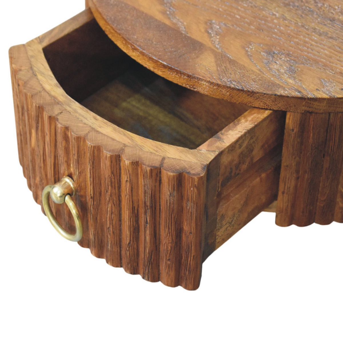 Artisan Furniture Ring Pull Wall Mounted Nightstand, 1 Drawer & Ribbed Half-Moon Form – Tiger Oak, Brown