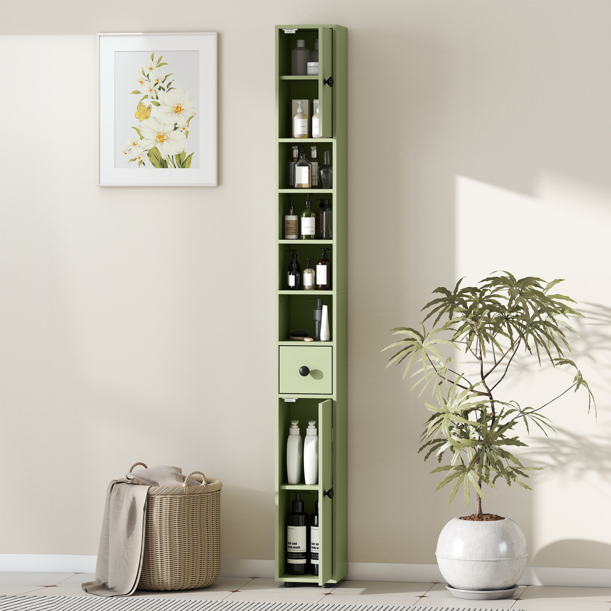 kleankin Slim Bathroom Cabinet with Toilet Roll Storage, Drawer & Open Shelves – Tall Freestanding Unit, Green