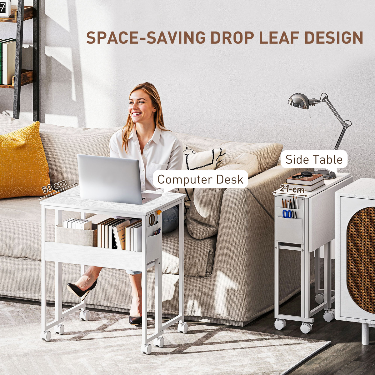Folding Drop Leaf Writing Desk with Lower Shelf & Storage Bag – Mobile Desk on Wheels, Natural Wood Finish & White