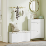 Shoe Storage Bench with Cushioned Seat & 2 Drawers – Hallway Shoe Cabinet for 10 Pairs, White & Beige