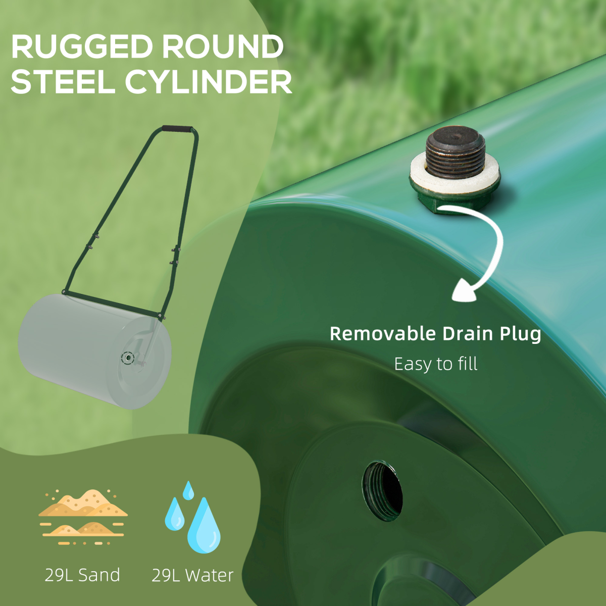 Outsunny Heavy-Duty Metal Lawn Roller, Fillable with Water or Sand – Garden Lawn Levelling Tool, Deep Green