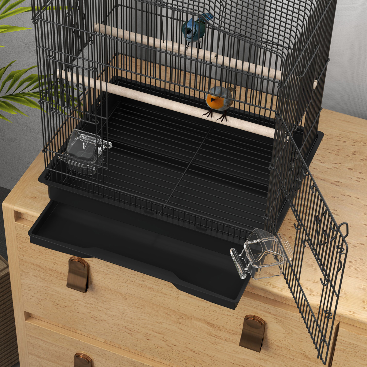 PawHut 59cm Large Bird Cage with Stand, Perches, Food Bowls & Swing – Powder-Coated Steel Aviary, Black