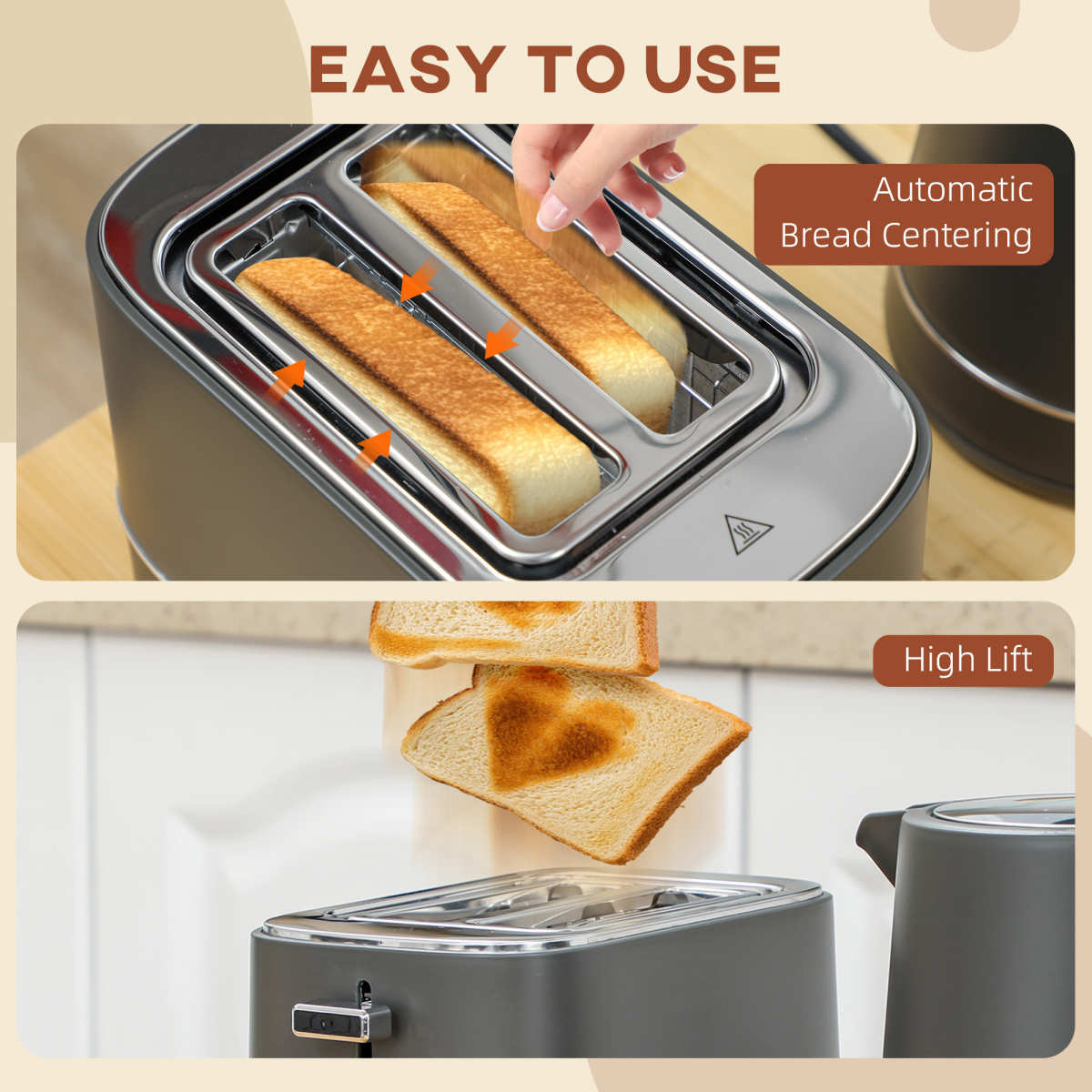 HOMCOM 1.7L 3000W Kettle & High-Lift 2-Slice Toaster Set with Browning Control – Breakfast Appliance Duo, Grey
