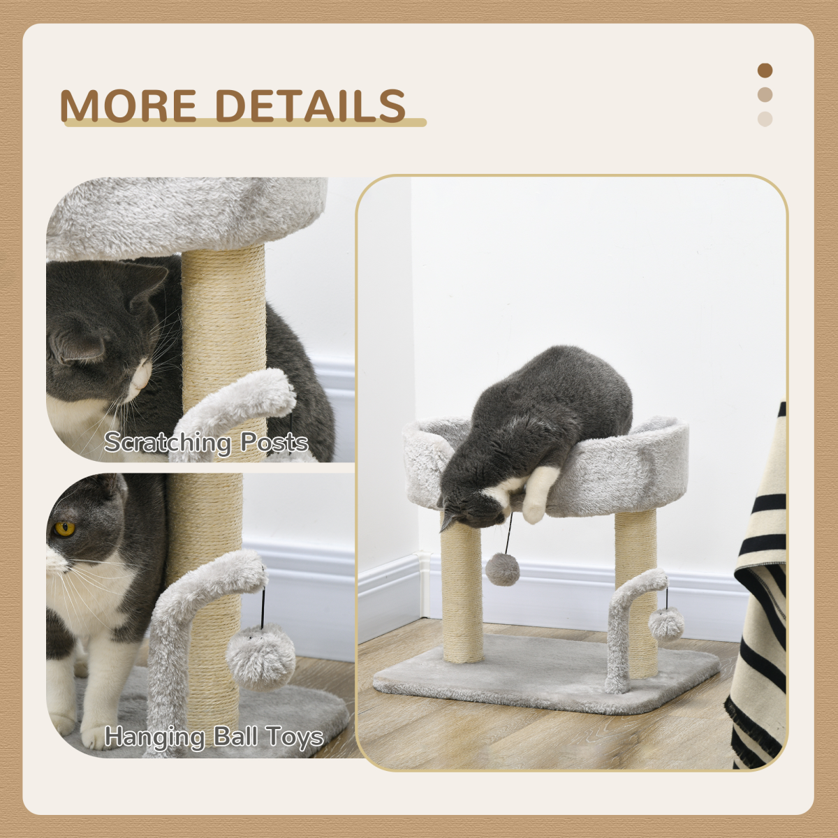 Plush Cat Tree with Sisal Scratching Post, Top Perch & Hanging Toy Balls – Compact Cat Tower, Light Grey