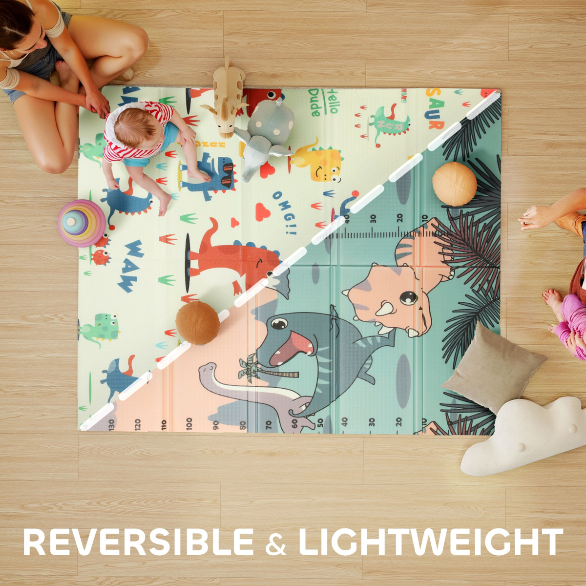 Foldable Baby Play Mat – Reversible Dinosaur Foam Crawling Mat, 177 x 146 cm