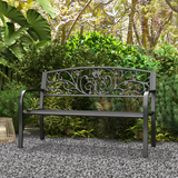 Outsunny 2-Seater Powder Coated Steel Garden Bench with Floral Backrest – Patio Seating, Black