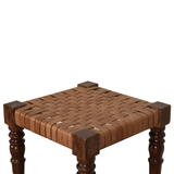 Artisan Furniture Solid Wood Woven Leather Top Footstool – Country Style Handcrafted Seat, Chestnut Finish, Brown