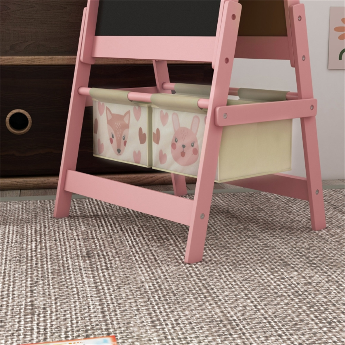 3-in-1 Kids Art Easel with Blackboard, Whiteboard & Paper Roll, 2 Storage Baskets – Animal Design, Pink