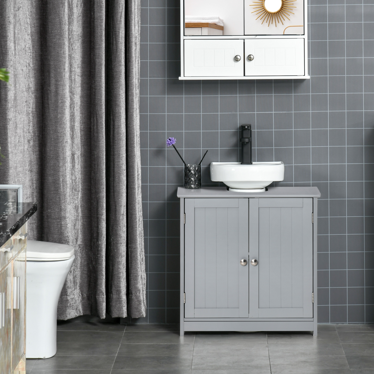 kleankin 60 x 60cm Under-Sink Storage Cabinet with Adjustable Shelf & Pipe Cut-Out – Bathroom Storage, Grey