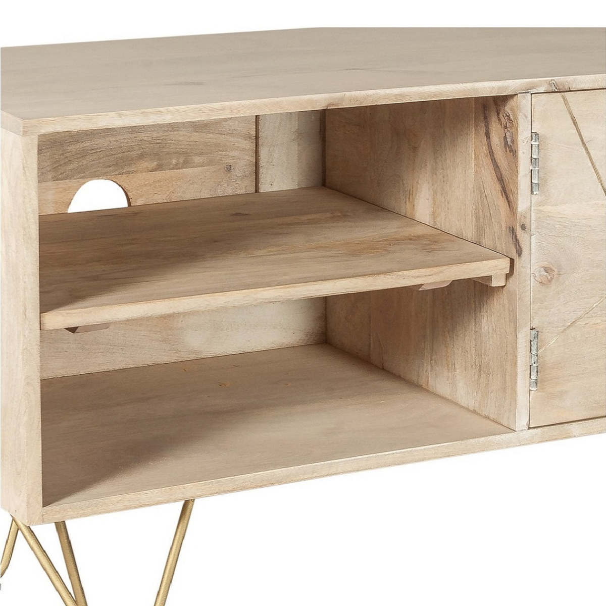 Solid Wood Media Unit with Light Gold Metal Inlay – TV Stand with Storage for Consoles