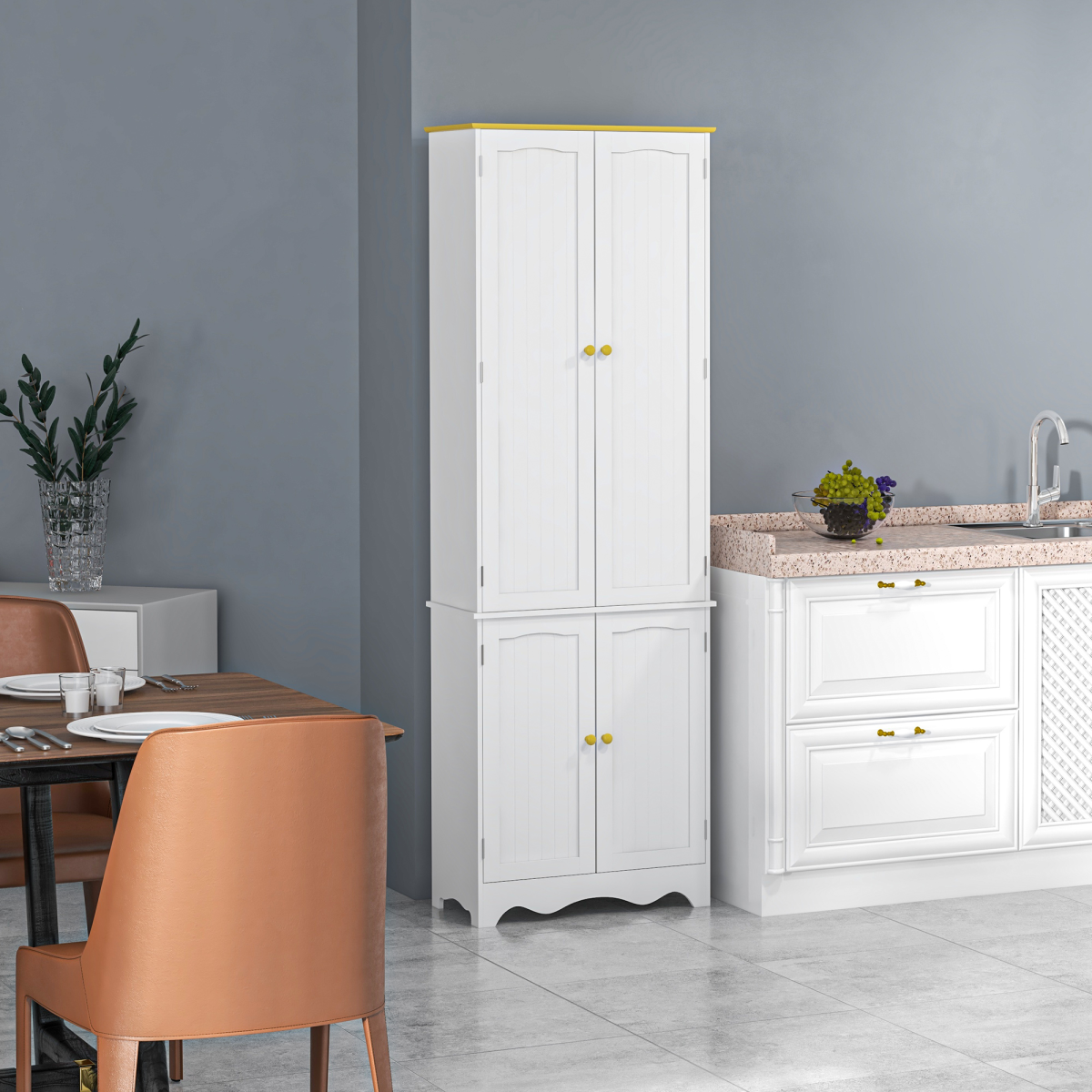 Freestanding 4-Door Kitchen Cupboard with 4 Shelves – Pantry Storage for Dishes, Pans & Dry Goods, White