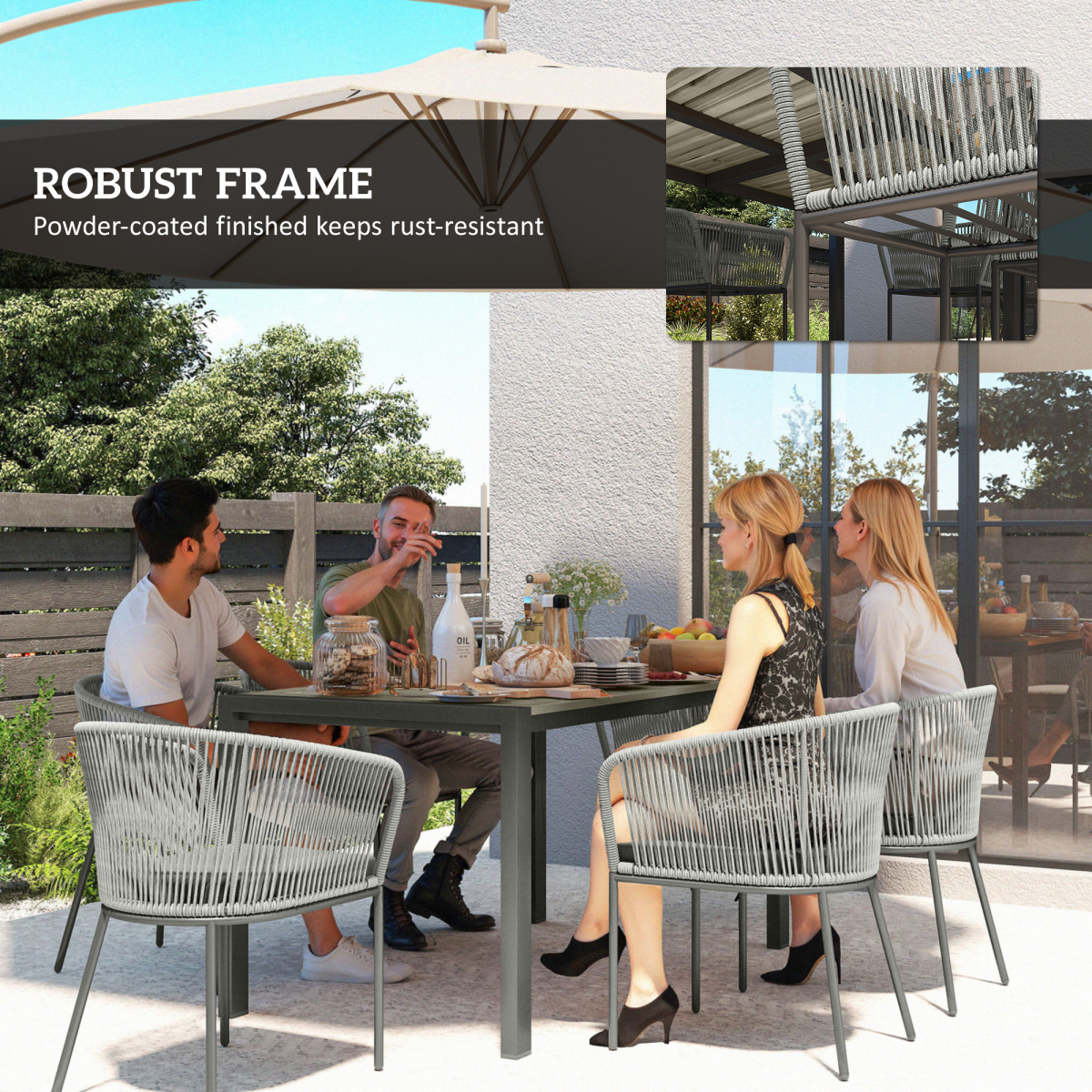 Outsunny 6-Seater PE Rattan Garden Dining Set with Acacia Wood Table & Cushions – Outdoor Furniture, Grey