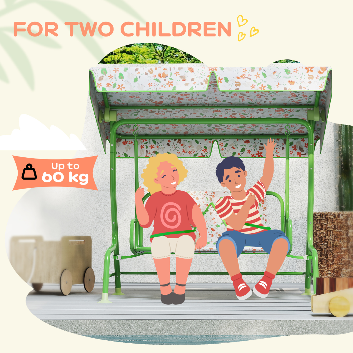 AIYAPLAY Kids Fox Pattern Swing Seat with Adjustable Canopy and Safety Belts – Outdoor Garden Play, Green