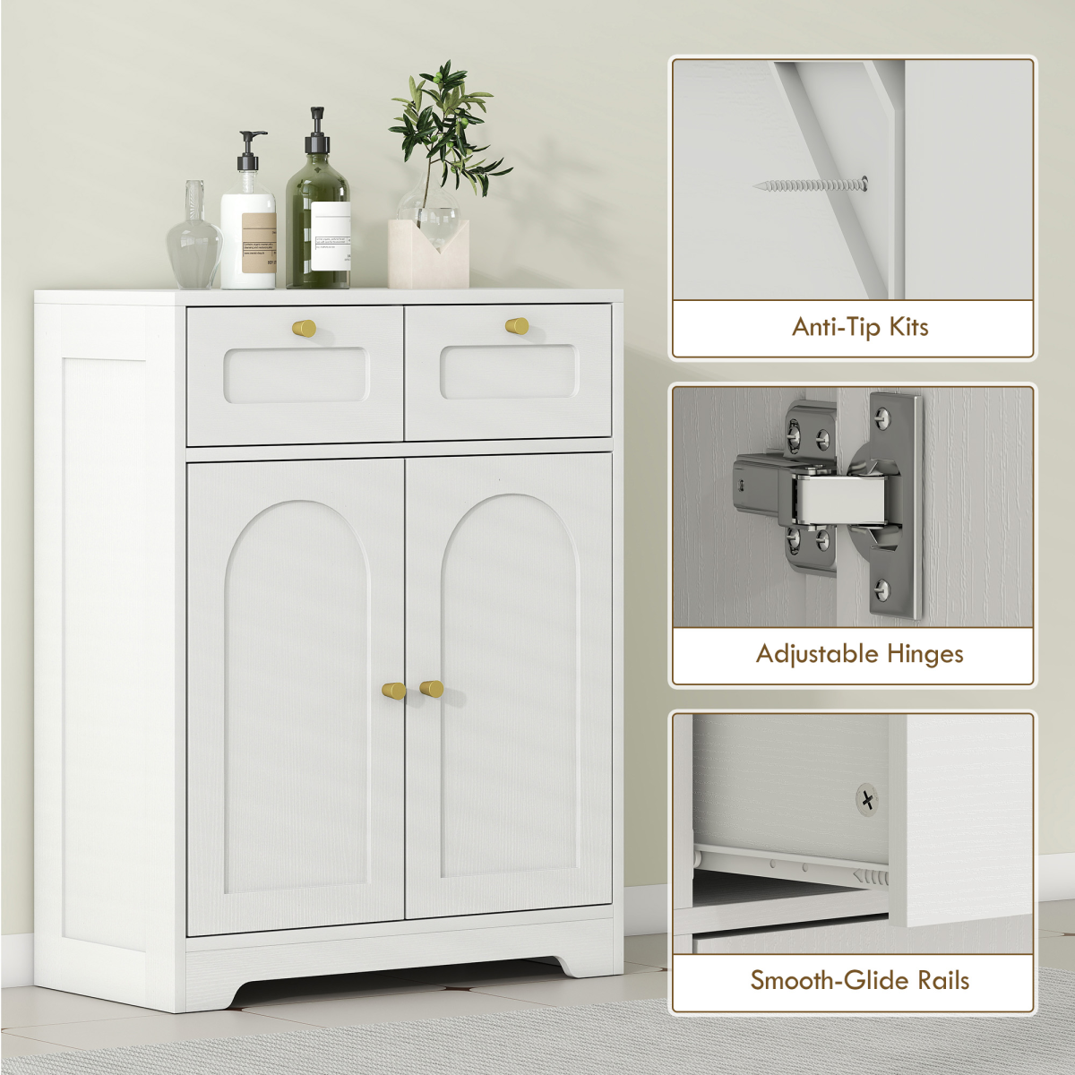 HOMCOM Bathroom Floor Cabinet with 2 Arched Doors, 2 Drawers & Adjustable Shelf – White