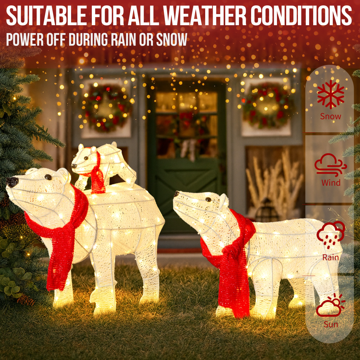 Set of 3 Lighted Polar Bear Family Christmas Decorations with 190 Warm White Lights – Indoor & Outdoor Display