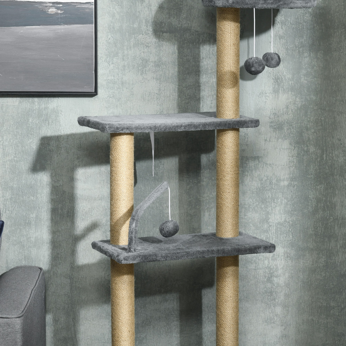 PawHut 6-Tier Floor to Ceiling Cat Tree with Scratching Post, Bed & Hammock – Cat Tower, Grey