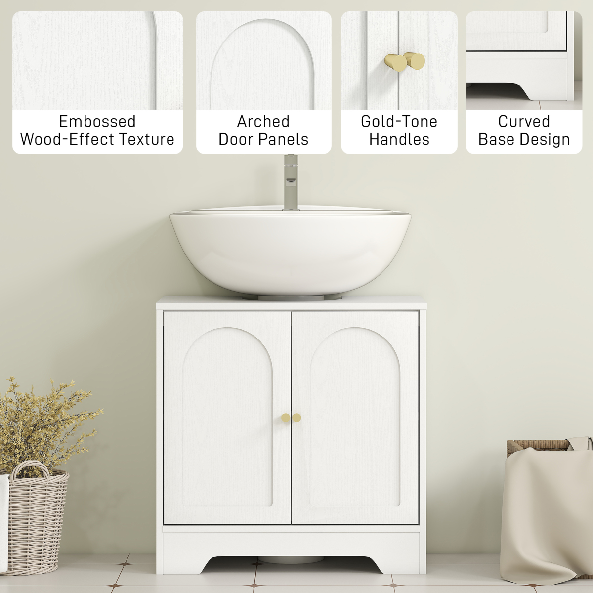 HOMCOM Modern Under Sink Cabinet with U-Shaped Cut-Out for Pedestal & Wall Basins – Bathroom Storage, White