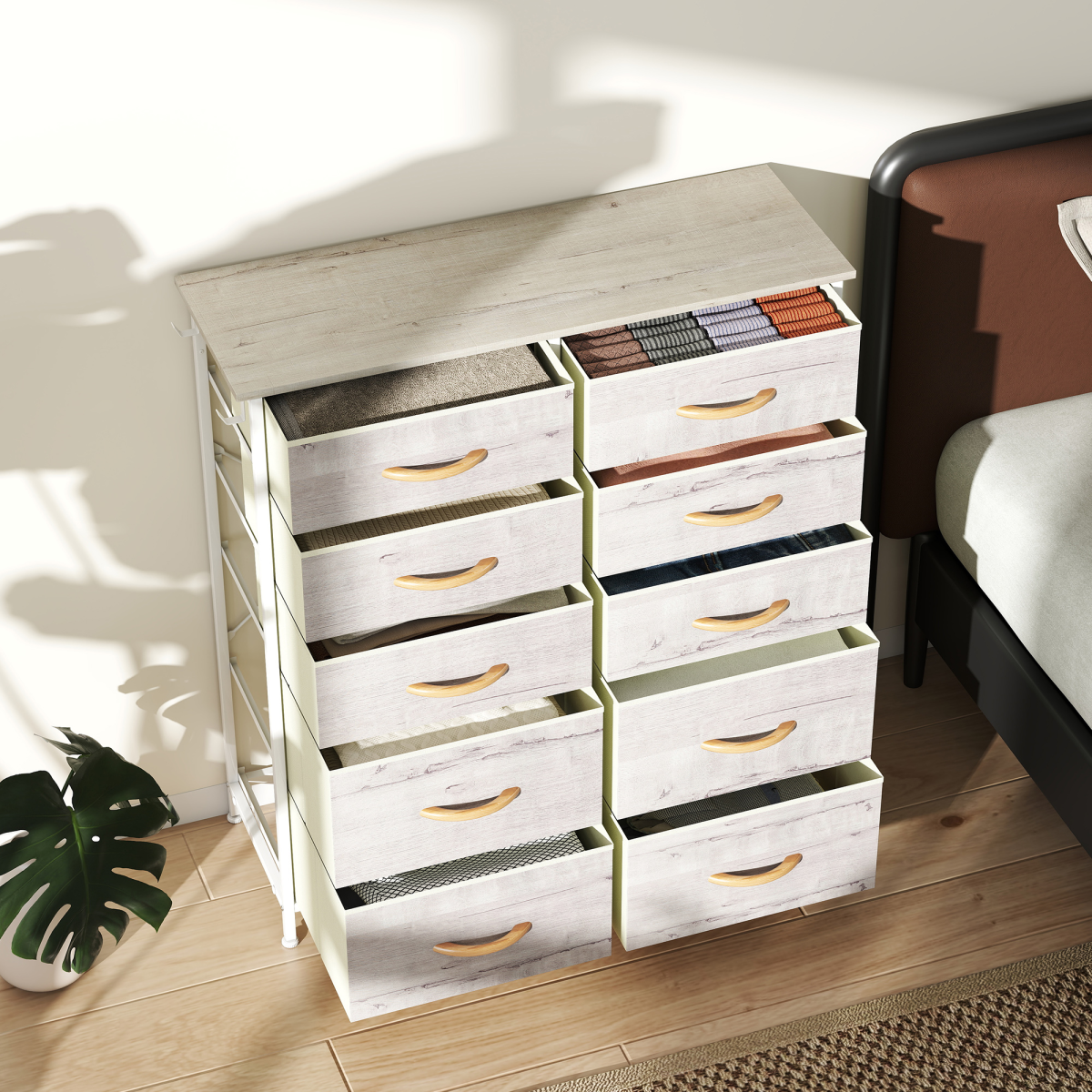10-Drawer Fabric Chest of Drawers with Side Pockets & Hooks, Steel Frame, 86 x 30 x 94.5 cm – Natural Wood & White