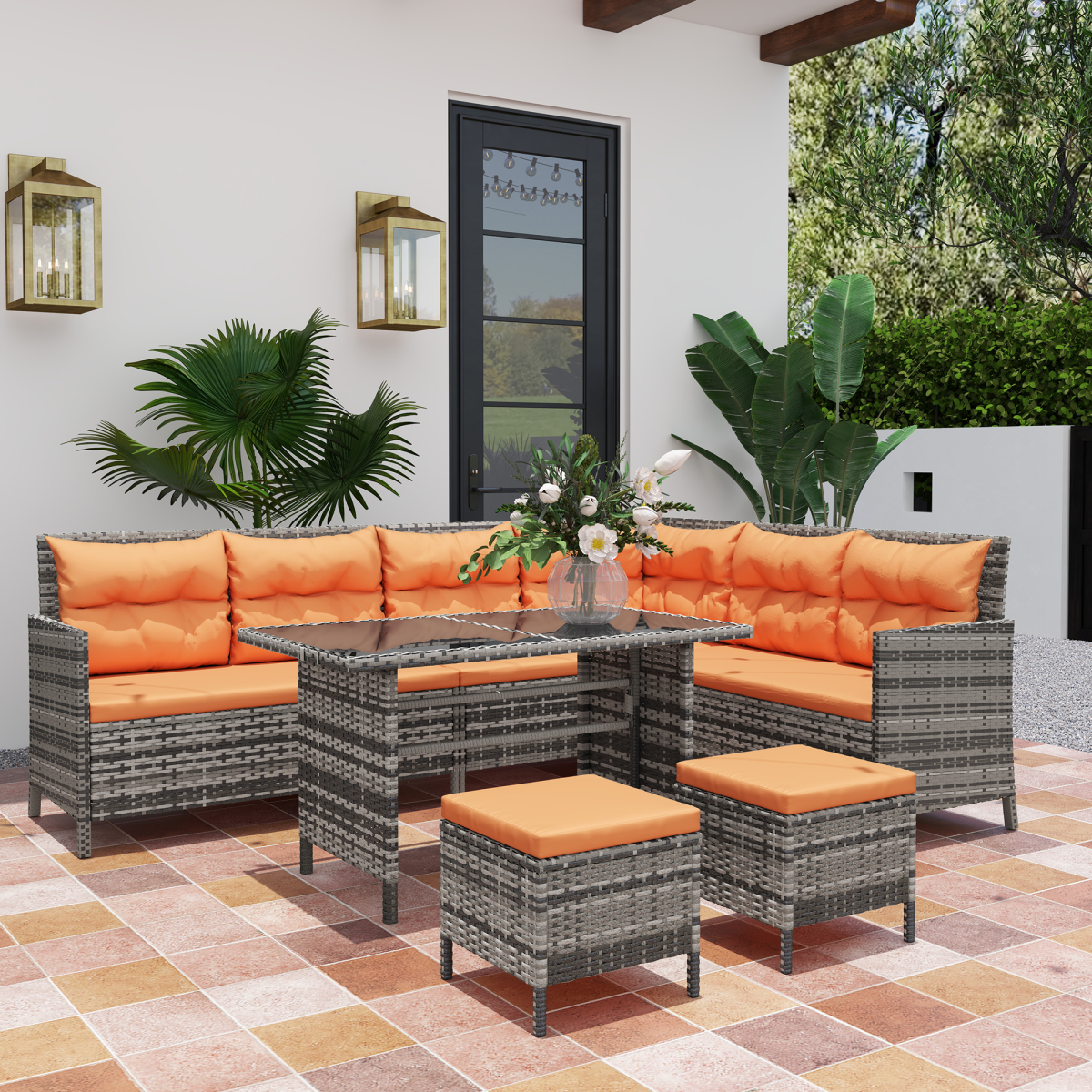 Outsunny 6 Piece Patio Wicker Sofa Set with Footstool and Coffee Table, Rust-Resistant Frame, Orange