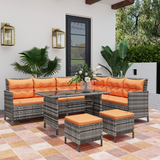 Outsunny 6 Piece Patio Wicker Sofa Set with Footstool and Coffee Table, Rust-Resistant Frame, Orange
