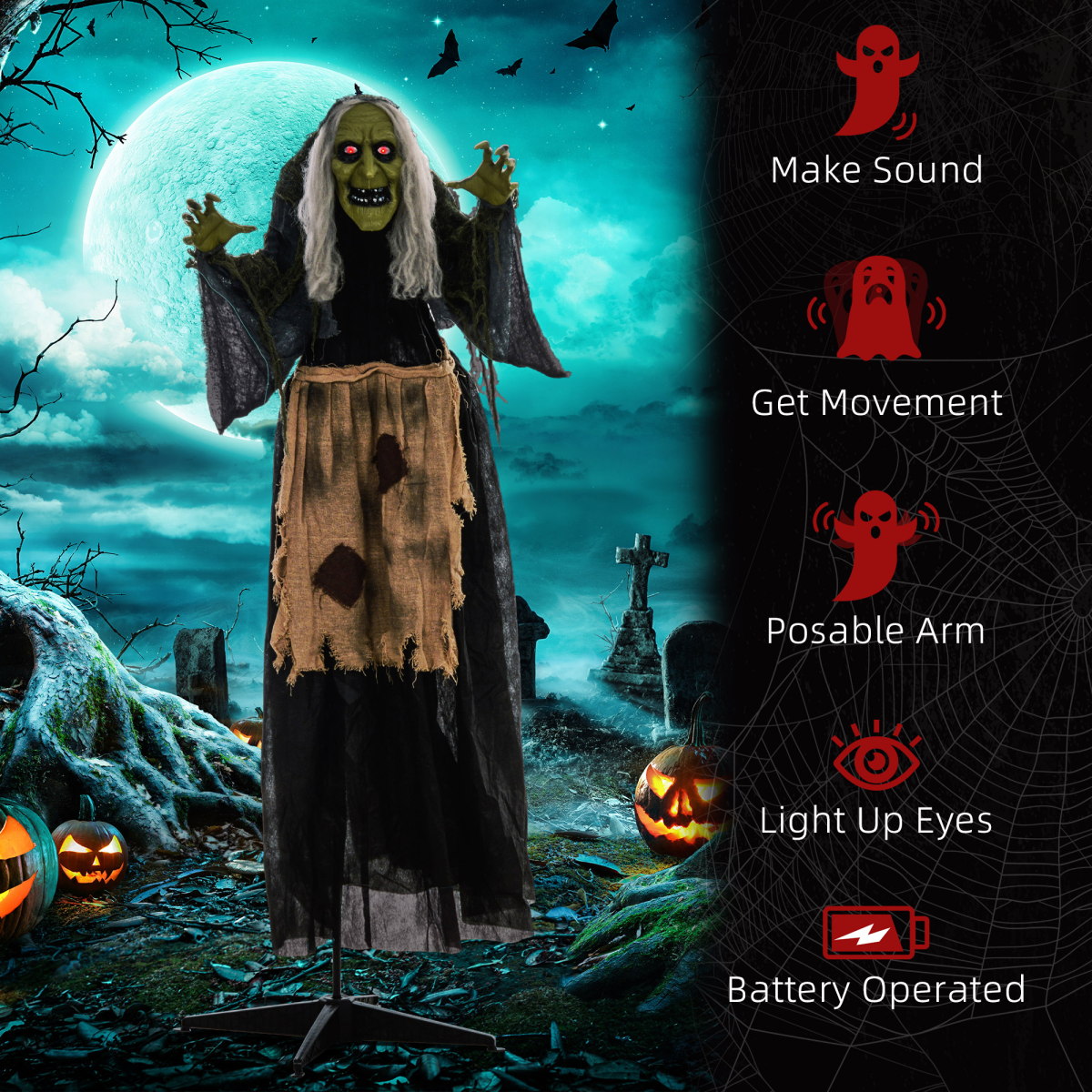 HOMCOM Halloween Witch Animatronic Prop with Sound Activation and Glowing Red Eyes – Indoor and Covered Outdoor