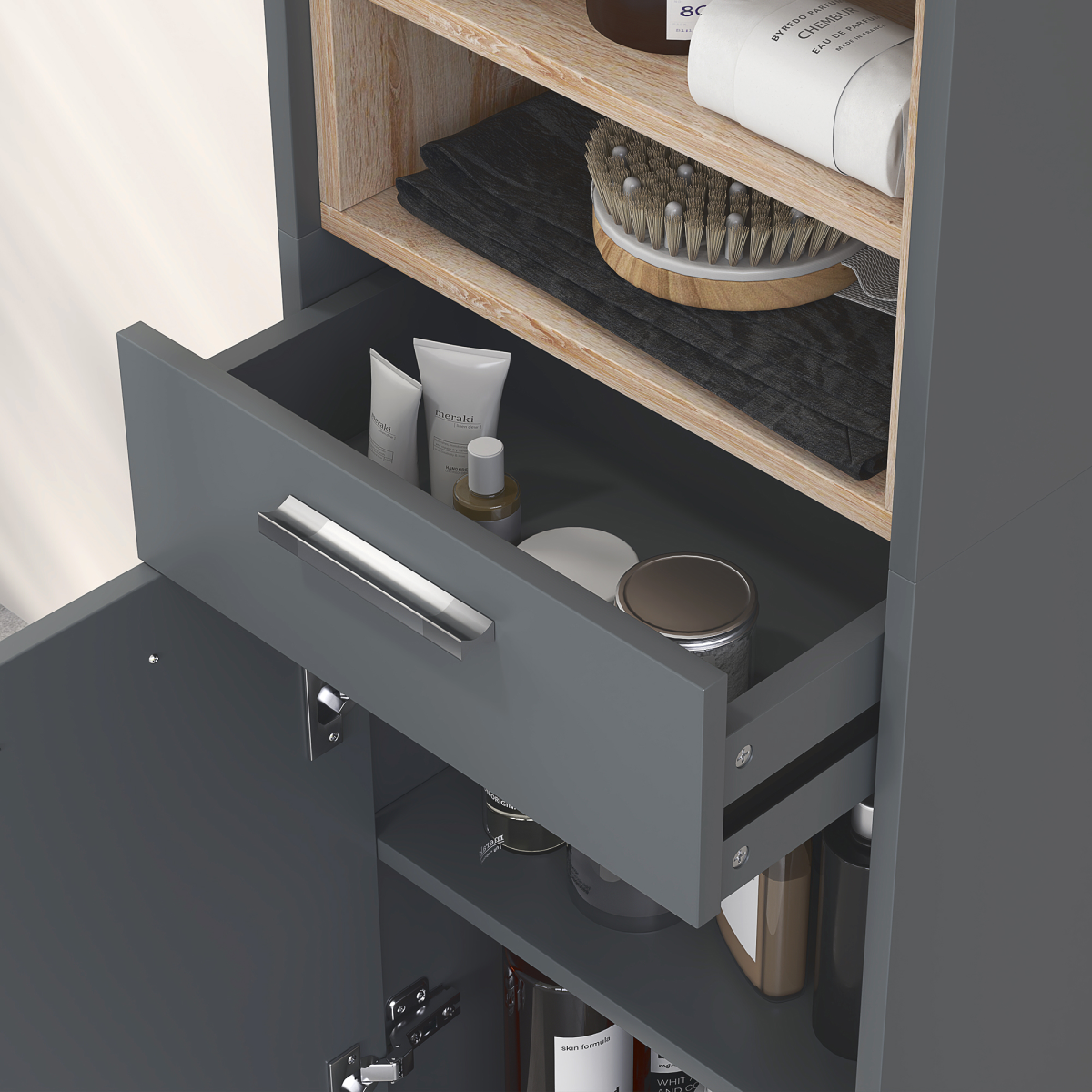 HOMCOM Bathroom Storage Unit with Two Cabinets, Open Shelves & Drawer – Freestanding Tall Cabinet, Grey