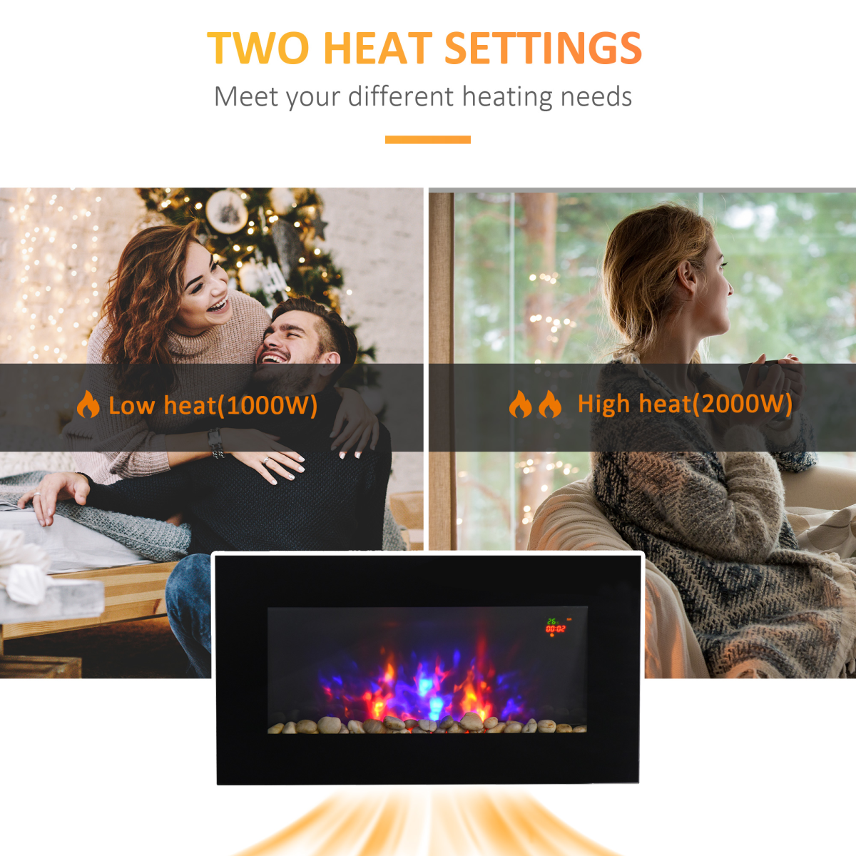 HOMCOM 1000W Wall Mounted Electric Fireplace Heater with Tempered Glass, LED Flame Effect & Remote – Black