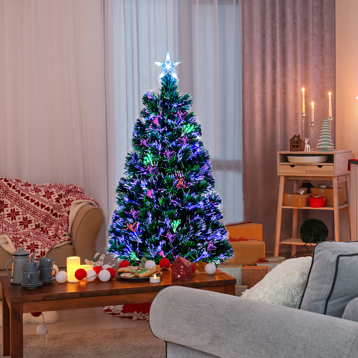 FCH 3ft Fibre Optic Christmas Tree with 85 Colour-Changing Branches, Top Star & Iron Stand – White