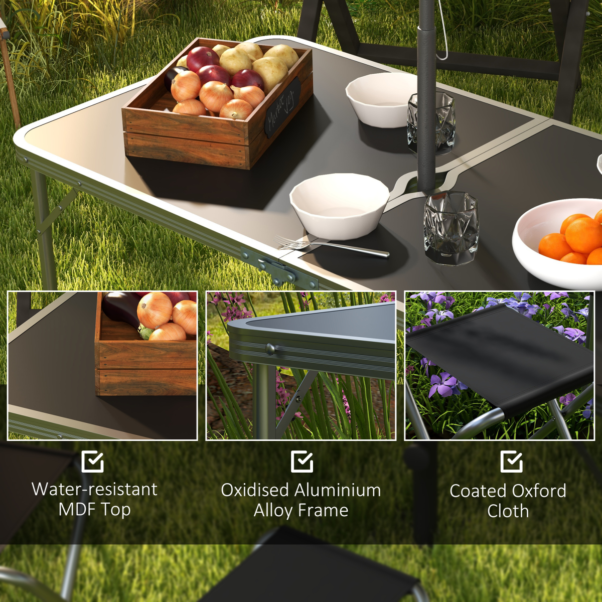 Outsunny Folding Camping Table and 4 Chairs Set with Adjustable Height & Parasol Hole – Aluminium, Black and Silver