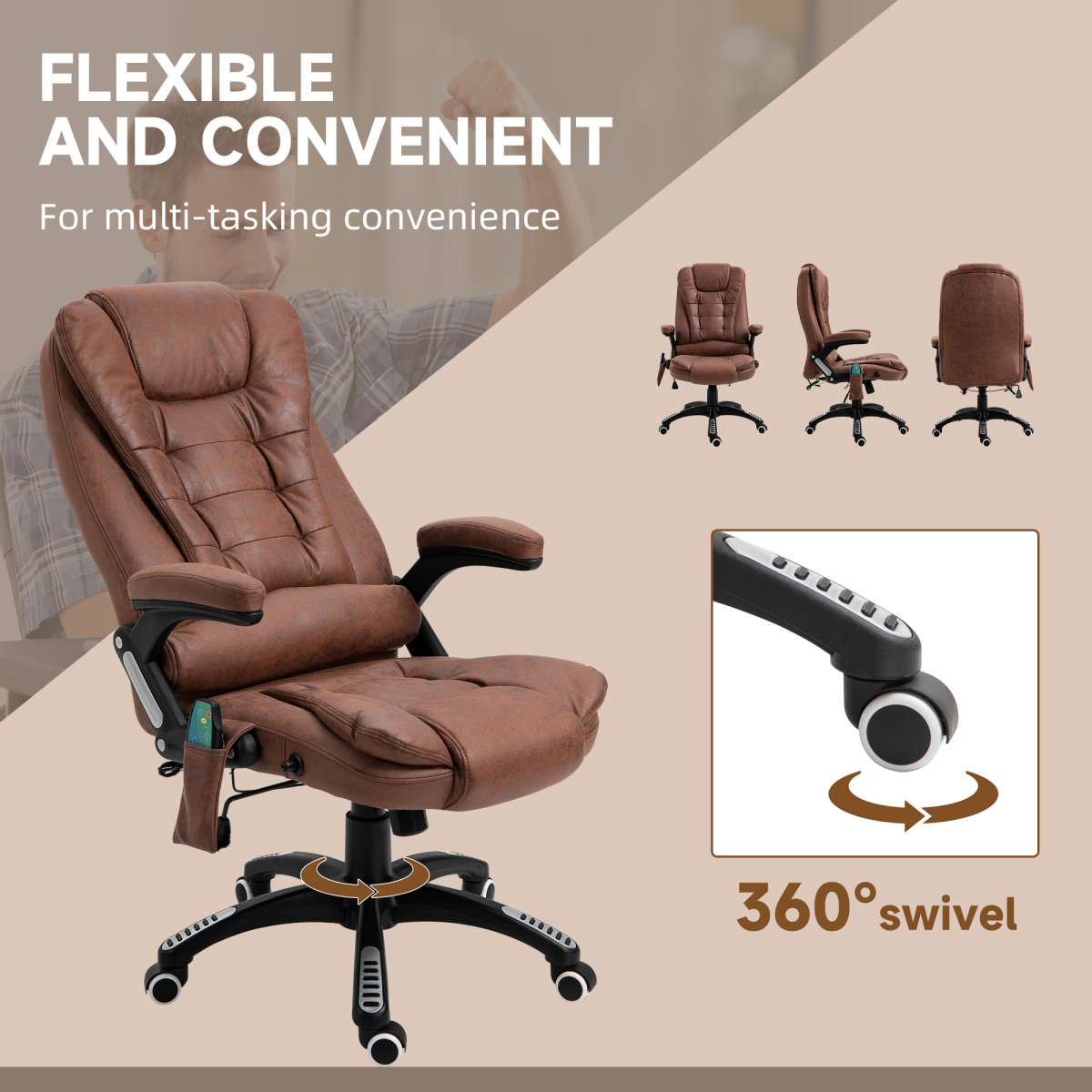 Executive Reclining Office Chair with Heated Massage, Padded Headrest & Swivel – Height Adjustable, Brown
