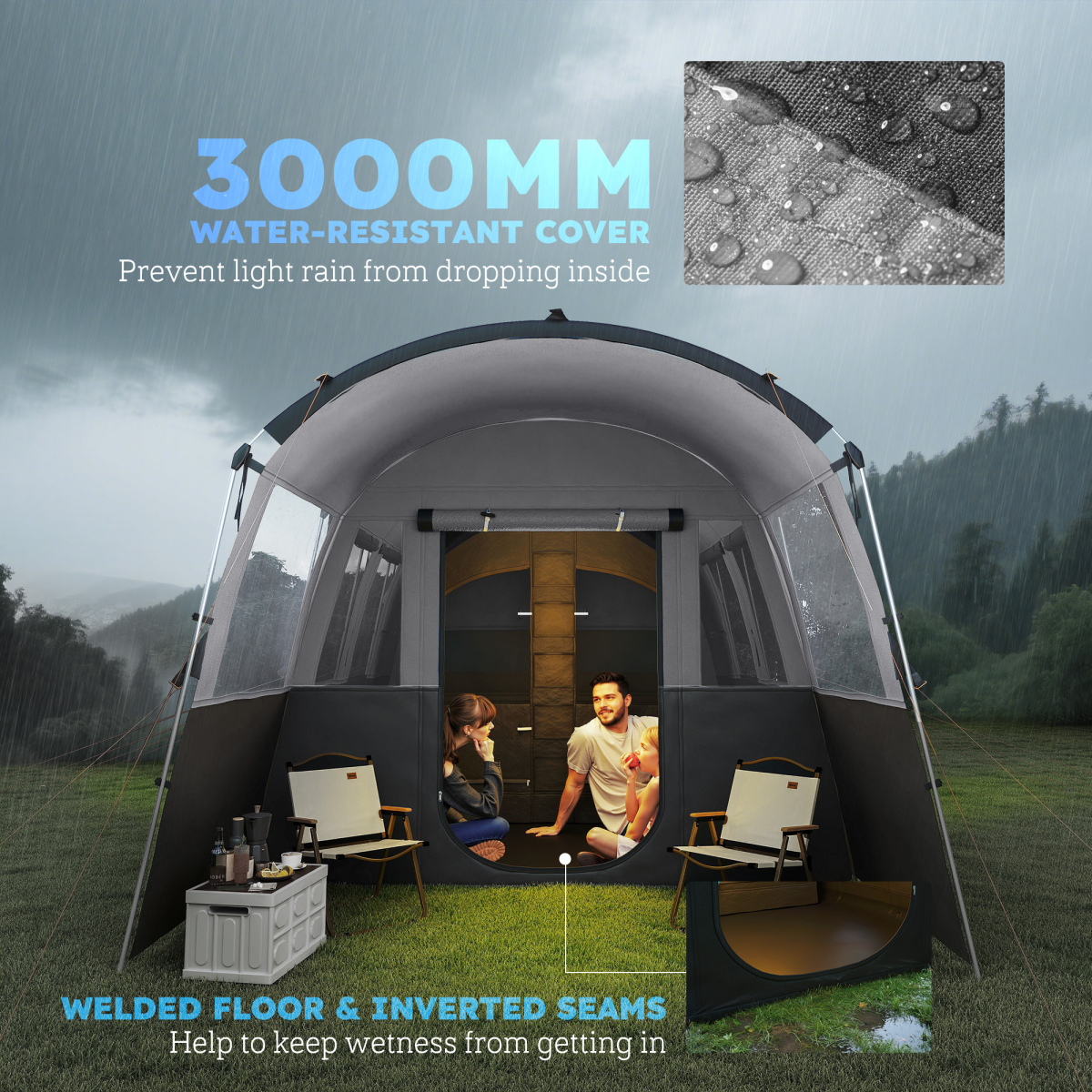 Outsunny 8-Person Tunnel Tent with 4 Large Windows & Removable Inner Walls – Family Camping Tent, Dark Grey
