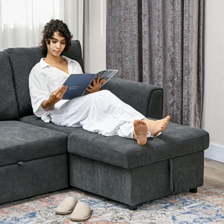 HOMCOM Dark Grey Sofa Bed linen-look fabric texture close-up