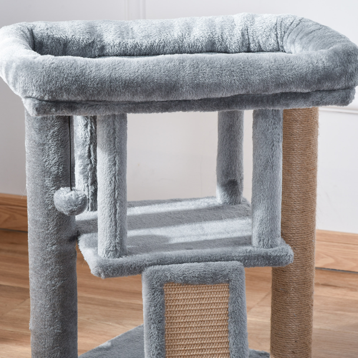 Pawhut Multilevel Cat Tree with Cat House, Jute Scratching Pad and Hanging Toy Ball – Plush Activity Centre, Grey