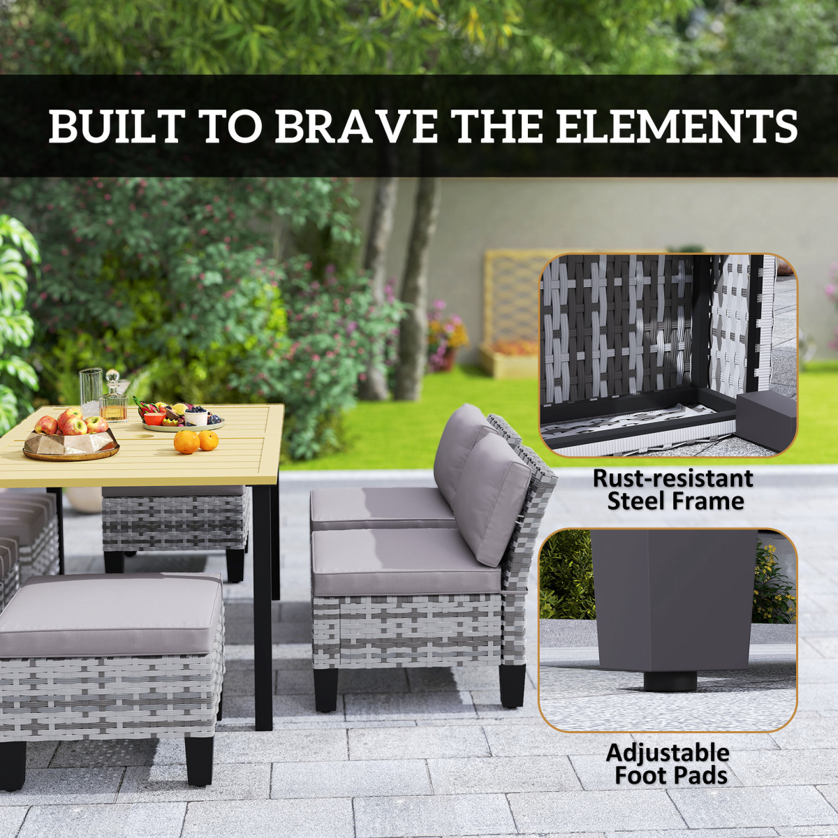 Outsunny 7 Piece Rattan Garden Dining Set with Cushions and Umbrella Hole – Outdoor Table, Chairs and Footstools, Grey