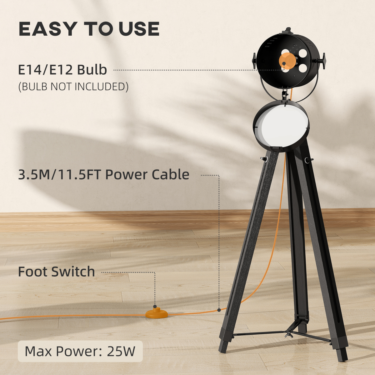 HOMCOM Industrial Wooden Tripod Spotlight Floor Lamp with Adjustable Height & Head – Living Room, Black