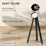 HOMCOM Industrial Wooden Tripod Spotlight Floor Lamp with Adjustable Height & Head – Living Room, Black