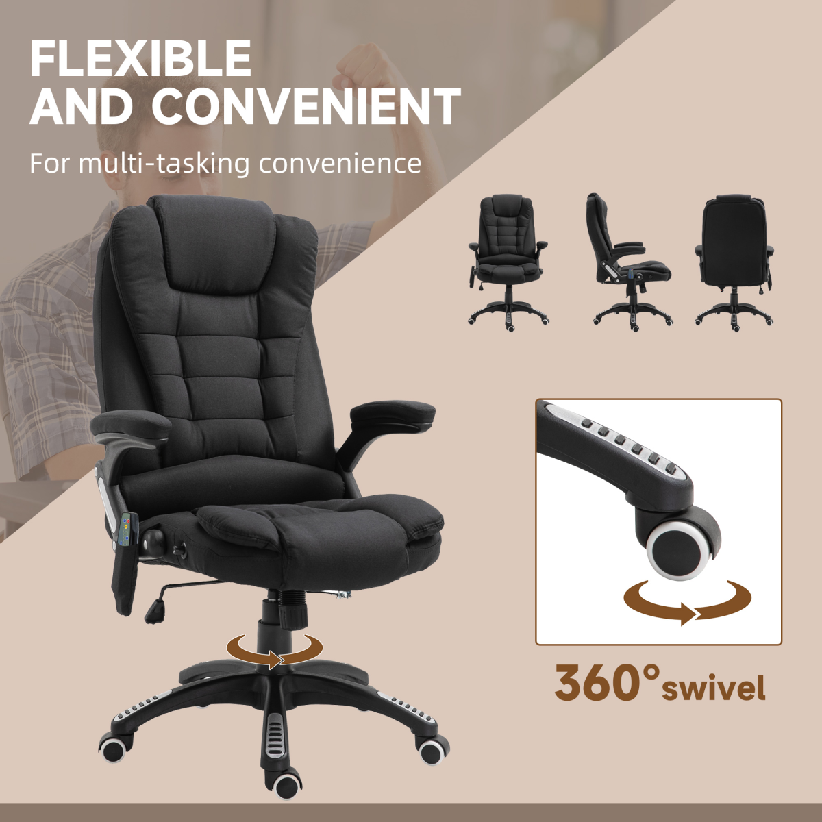 Executive Reclining Office Chair with Heated Massage Points & Relaxing Headrest – 360° Swivel, Black
