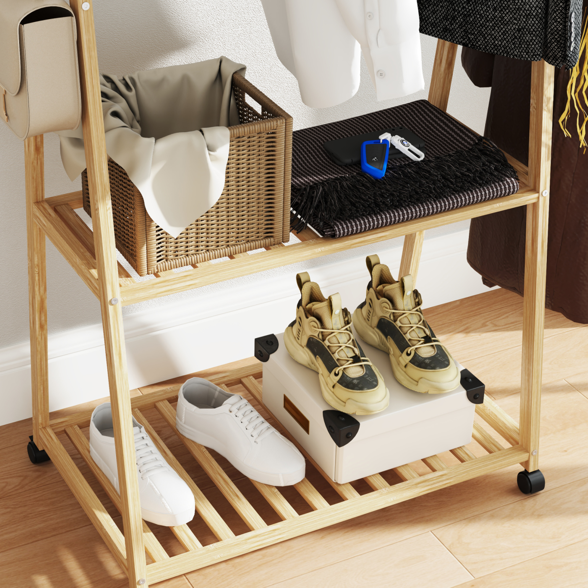 HOMCOM Bamboo Clothes Rail Rack with 2 Storage Shelves and Wheels – Compact Wardrobe, Natural Wood Effect