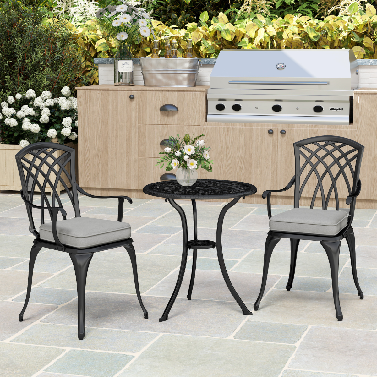 Outsunny 3-Piece Cast Aluminium Bistro Set with Parasol Hole Table & Cushioned Chairs – Garden Patio Furniture, Black