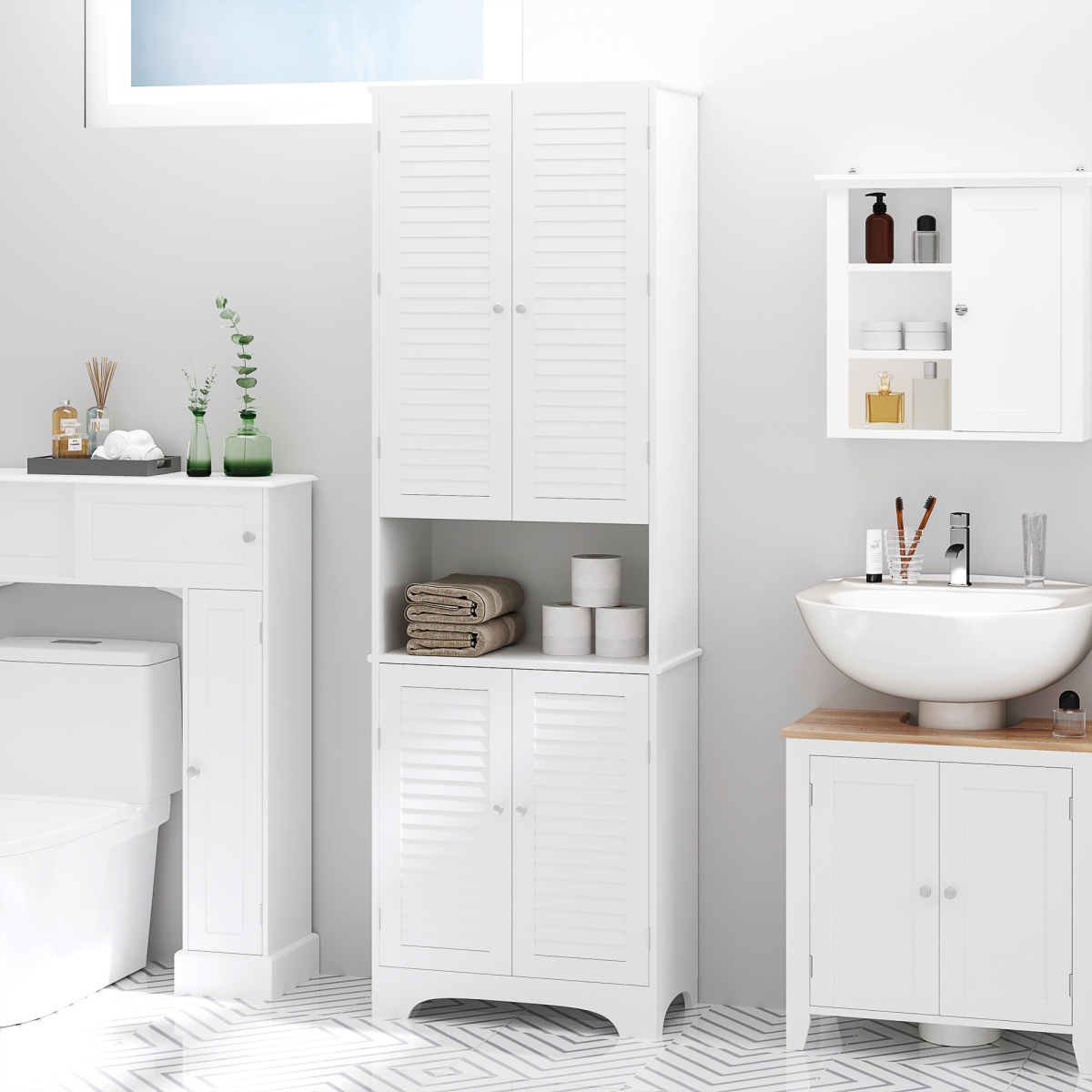 HOMCOM 183cm Tall Slim Bathroom Cabinet with Retro Shutter Doors and 3 Compartments – White