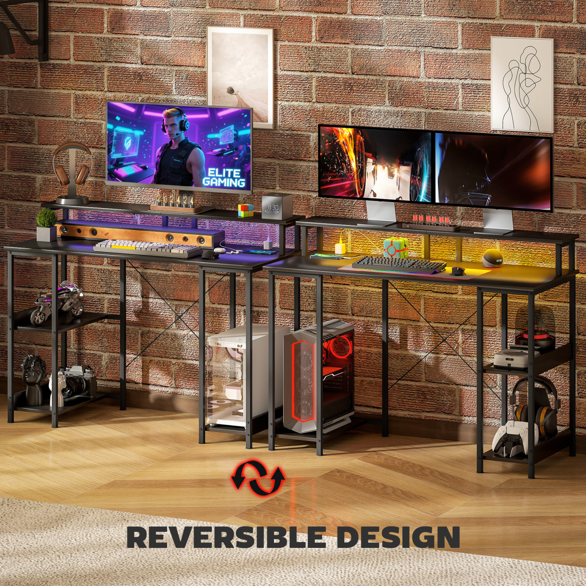 HOMCOM Reversible Computer Desk with Charging Station, RGB LED Light & Monitor Shelf – Home Office Desk, Grey