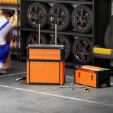 3-Tier Stackable Rolling Tool Box with Drawers, Tray & Telescopic Handle – Steel Tool Storage, Orange and Black