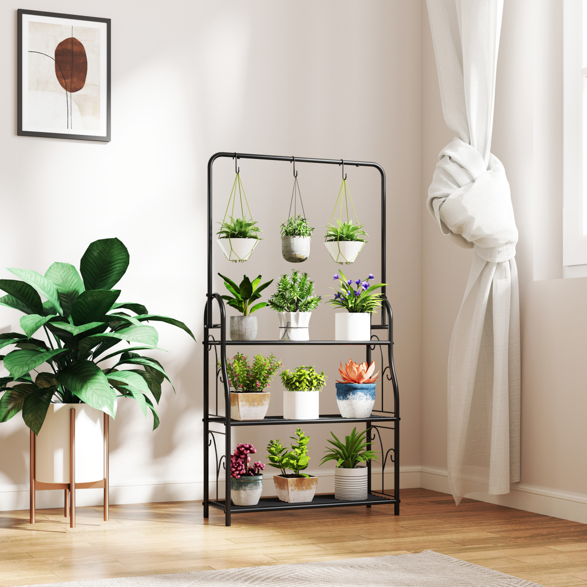 Outsunny 3 Tier Metal Plant Stand with Hanging Hooks – Garden, Balcony and Living Room Plant Shelf, Black