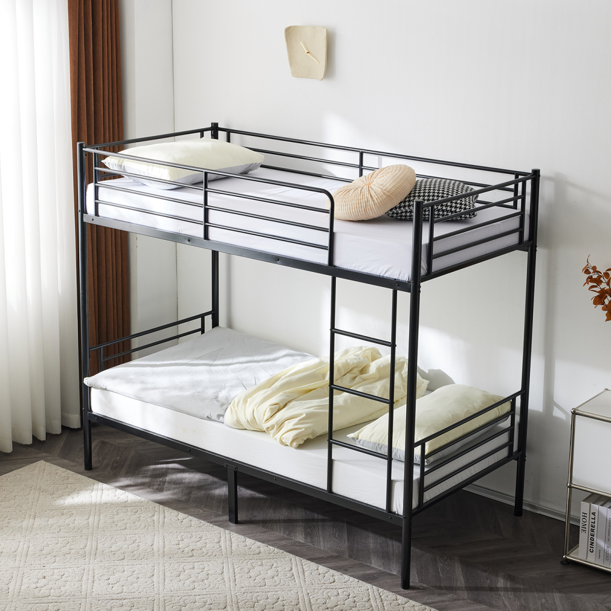 Heavy Duty Metal Single Bunk Bed with Ladder & Guard Rail – Space-Saving Frame, Black