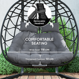 Outsunny Rattan Double Hanging Egg Chair with Canopy and Tufted Cushion – Garden Swing Seat for Two, Black