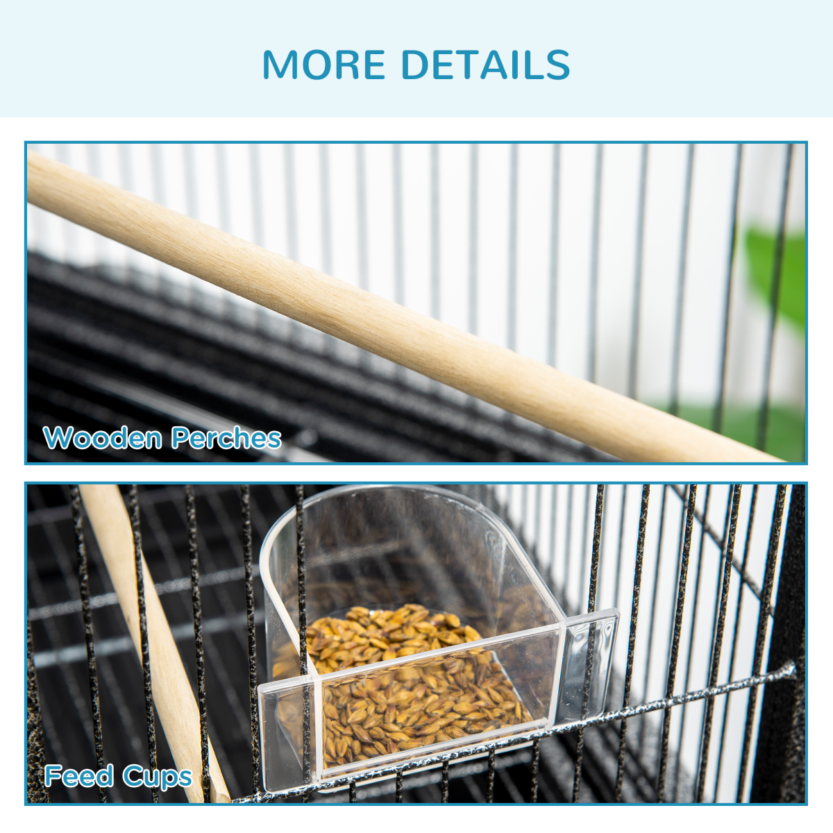 Pawhut Rolling Bird Cage with Detachable Stand, Storage Shelf, Wooden Perches & Food Containers