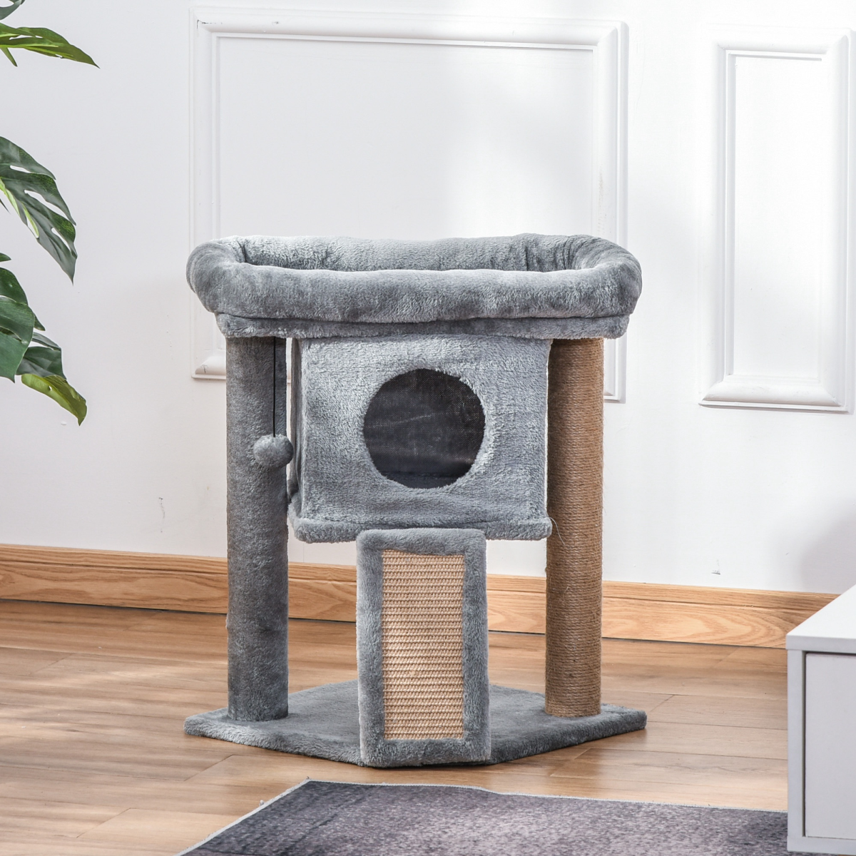 Cat Tree with Cat House, Wide Perch and Jute Scratching Pad – Multi-Level Cat Tower for Cats Under 4.5kg, Grey